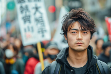 Young Asian man at protest political rally, activist holding sign for equality, marching with crowd for justice, demonstrating in the city streets.