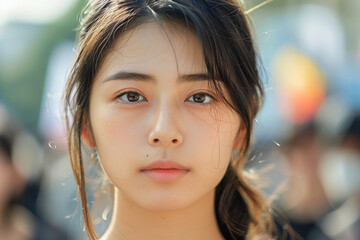 Obraz premium Young Asian woman at protest political rally, march for freedom and democracy, voice for social equality.
