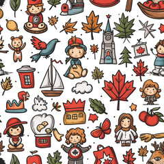 Happy national day of canada, seamless pattern with traditional symbols and icons in the doodle sketch style, flat design illustration vector isolated on white background