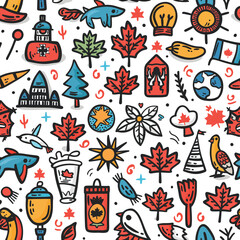 Happy national day of canada, seamless pattern with traditional symbols and icons in the doodle sketch style, flat design illustration vector isolated on white background