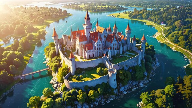 Anime video of a medieval castle with red rooftops and a large blue moat around it. The castle is surrounded by green trees and there is a bridge leading to the castle.