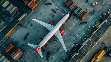 Aerial view of air cargo logistics at a busy airport containers being loaded into a freighter jet aircraft