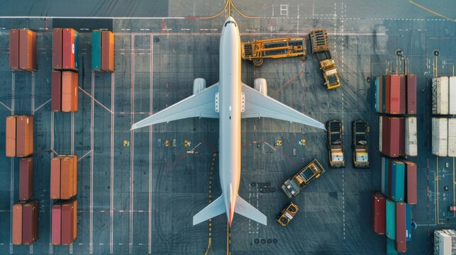 Aerial view of air cargo logistic containers being loaded onto a modern freighter jet aircraft at the airport