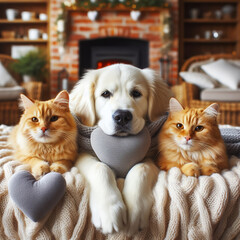 Perro con sus amigos gatos, adorables