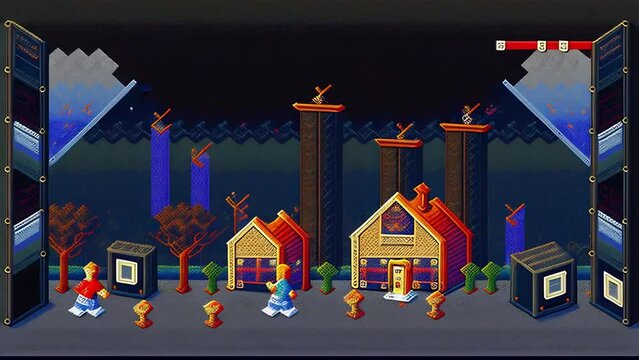 8-Bit Music Equipment and Speakers Transform into Pixel Houses and Characters, Looped