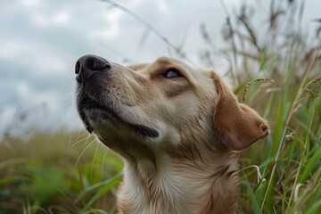 Loyal Rescue Dog Sniffing the Air to Locate Missing Person in Outdoor Scenery