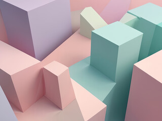 A vibrant collection of smooth spheres, pyramids and cubes in pastel colors in shades of pink, blue and green. The seamless soft texture creates a visually appealing and soothing abstract background. 