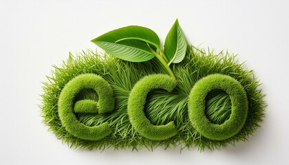 Flat lay of fresh green leaves intricately cut out to spell the word 'eco' on a white background, representing environmental friendliness