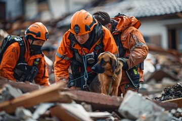 Search and Rescue Team with Dog Surveying Earthquake Aftermath for Disaster Recovery