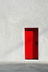 A vibrant red door stands alone in the center of a white wall, casting a slight shadow. The design is simple and clean, highlighting the door as the focal point.
