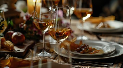 Luxury dinner served on the table with glass of wine. Gala dinner with a glass of wine, laid table