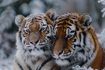 Two tigers in close embrace in a snowy forest, showcasing their majestic stripes and powerful presence in a beautiful winter setting.