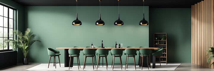 Minimalistic Dining Area in Black and Dusty Green with Tall Table and Wooden Details

