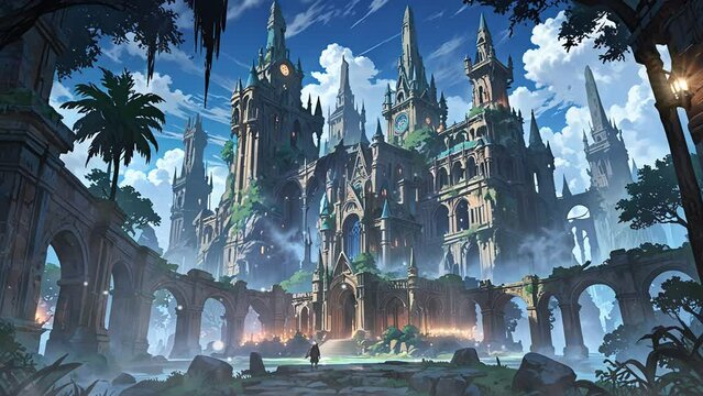 anime video depicts a ruined castle with overgrown plants and palm trees. The sky is blue and cloudy.