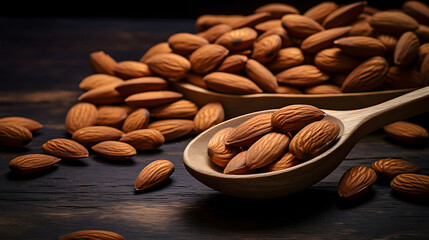 Almond on a wooden spoon and on a wooden background