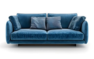 Fototapeta premium Modern Blue Velvet Sofa With Pillows on White Background.