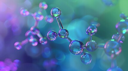 Abstract Representation of a Molecular Structure With Iridescent Spheres and a Blurred Background.
