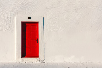 A vibrant red door stands alone in the center of a white wall, casting a slight shadow. The design is simple and clean, highlighting the door as the focal point.