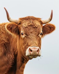 Mystic portrait of Domestic Cattle, copy space on right side, Anger, Menacing, Headshot, Close-up View Isolated on white background