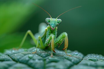 Macro shot of a praying mantis in a hunting pose on a green leaf, showcasing its predatory features and camouflage skills