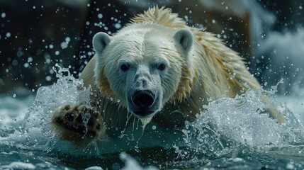 Fototapeta premium Polar bear diving into icy waters with a splash, capturing the moment of entry in a frozen seascape