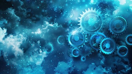 Blue hologram illustration design with cog gear advanced technology artificial intelligence background.