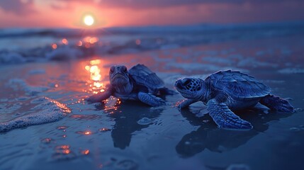 Sea turtles hatchling on a moonlit beach, scrambling towards the ocean, their journey highlighted by the moons reflection - Powered by Adobe