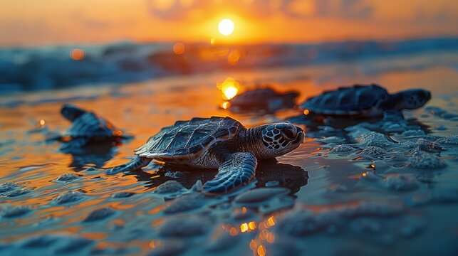 Sea turtles hatchling on a moonlit beach, scrambling towards the ocean, their journey highlighted by the moons reflection
