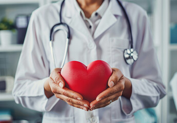 Adult and child hands holding a red heart on an aqua background symbolize heart health, donation, corporate social responsibility, World Heart Day, World Health Day, and Family Day.