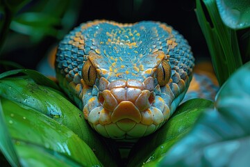 Fototapeta premium A dramatic scene of a snake in the grass, ready to strike, with emphasis on its scales and the intensity in its eyes, under the shadow of leaves