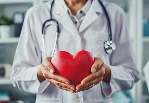Adult and child hands holding a red heart on an aqua background symbolize heart health, donation, corporate social responsibility, World Heart Day, World Health Day, and Family Day.