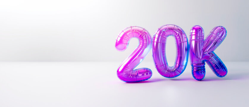 20k followers or likes celebration purple balloon foil text. Social media achievement poster.