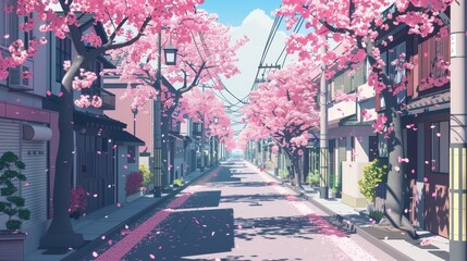 Fototapeta premium A street with cherry blossoms in the background