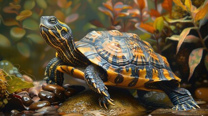 Obraz premium A detailed pastel drawing of a turtle in its habitat, focusing on the texture of its shell and the surrounding flora, peaceful ambiance