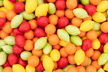 Background of assorted colorful candies. Full frame