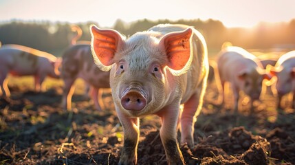 Many domestic pigs in a farm, natural sunlight