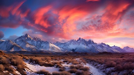 Panoramic view of snow covered mountains at sunset, New Zealand