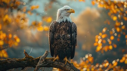 Obraz premium A close-up portrait of a majestic bald eagle perched on a tree branch, mountains in the far distance