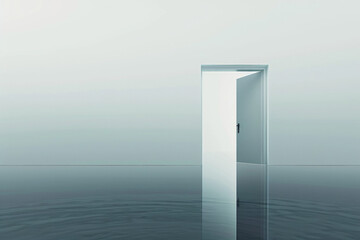 A minimalist door  in a vast, empty space with its reflection mirrored perfectly below. The background is a neutral color, emphasizing the door and its reflection 