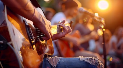 Musicians playing acoustic instruments at a summer music festival, intimate performance, outdoor...