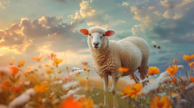 Sheep standing under blooming flowers with a cloudy background for eid al-adha celebrations, bakra eid mubarak symbolizing festivity and tradition