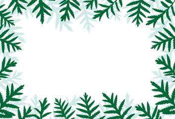 A greenery silhouette of forest leaves with a white background. Horizontal frame for card, invite.