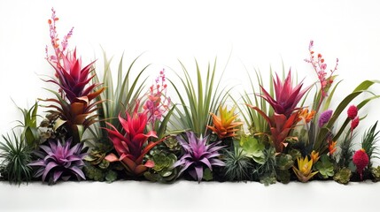 scenes of bromeliads with palm fronds on white background