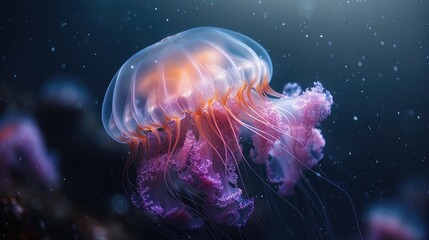 Naklejka premium Jellyfish bloom, ethereal and glowing, drifting gracefully in dark ocean waters, creating a calm and hypnotic scene