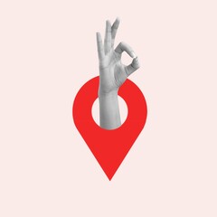 Obraz premium Contemporary collage with location icon and human hand