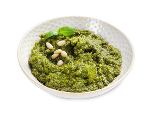 Fresh tasty pesto sauce isolated on white