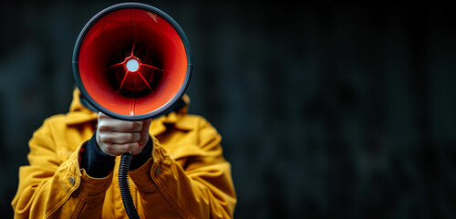 Man in yellow jacket holding red and black megaphone. Generative AI
