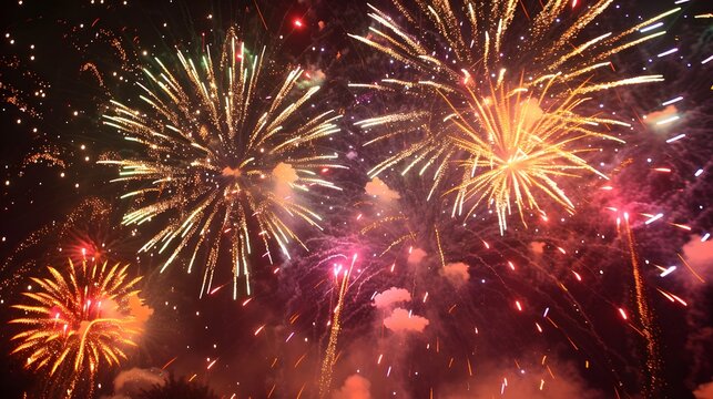 Fireworks lighting up the sky at the end of a summer music festival, celebration, vibrant colors, live music, grand finale