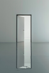 A minimalist door  in a vast, empty space with its reflection mirrored perfectly below. The background is a neutral color, emphasizing the door and its reflection 