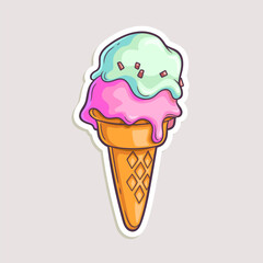 Cartoon sticker for summer design. Vector hand-drawn illustration of ice cream in a waffle cone isolated on white.